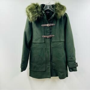 Coffeeshop Emmalise Wool Blend Jacket Green Faux Fur Hood Front Buckle Sz S